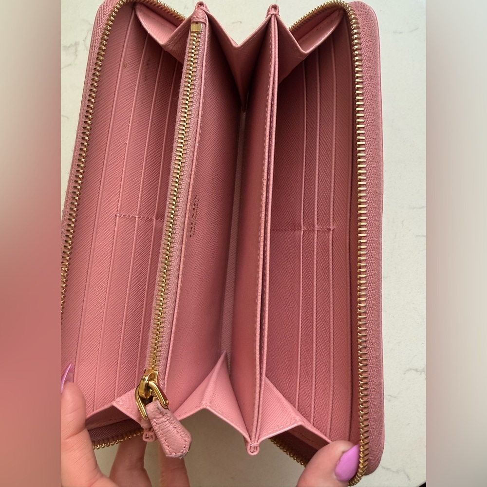 Prada Saffiano Zip Around Wallet Pink Gold Logo Continental - Picture 5 of 15